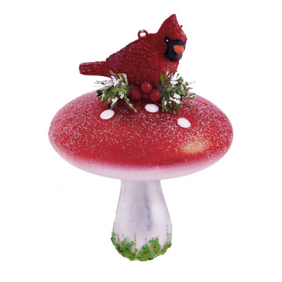 Красный кардинал на грибочке 13см