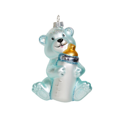 Медвежонок с бутылочкой 11см голубой
